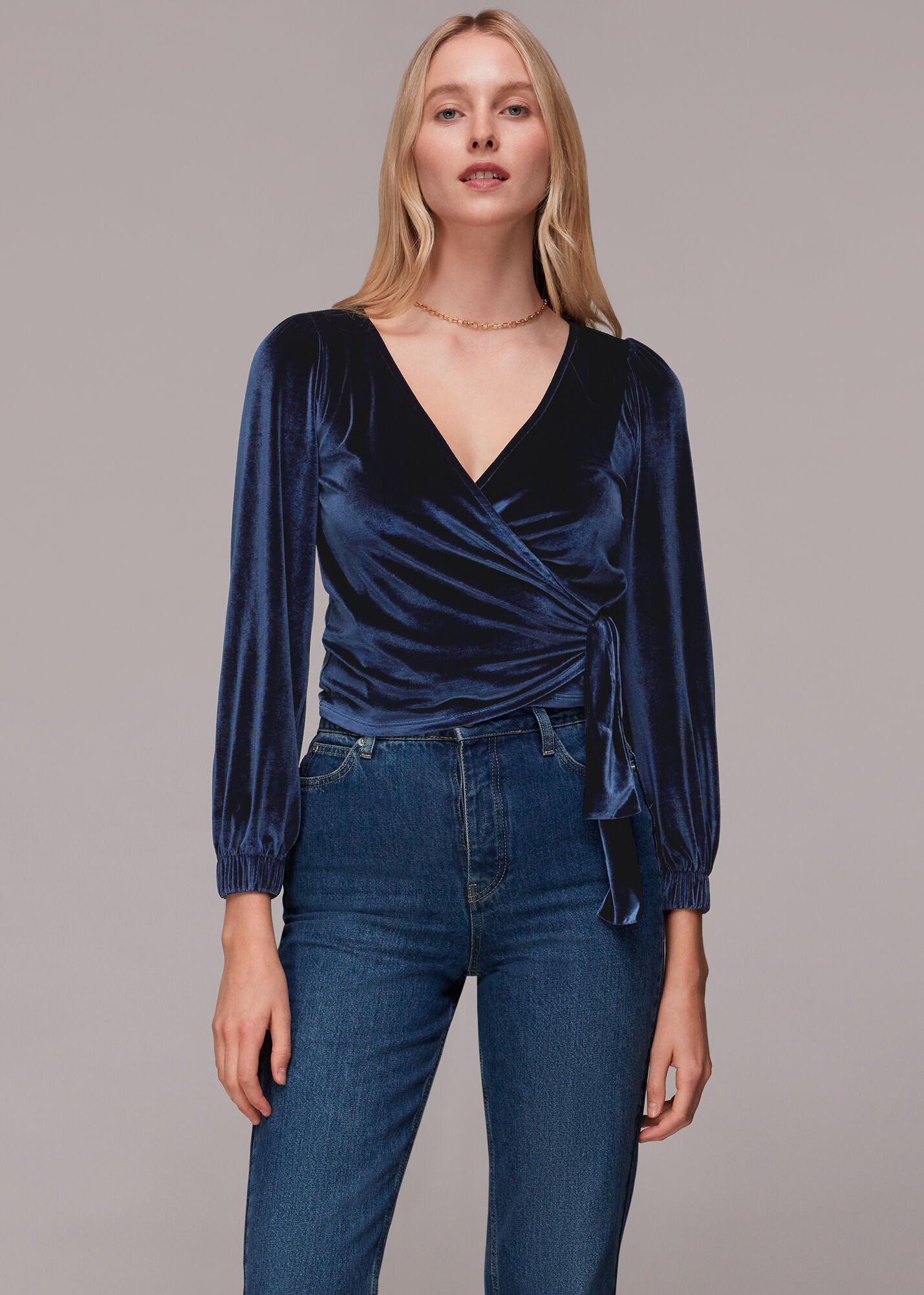 Navy Velvet V Neck Wrap Top WHISTLES Whistles US