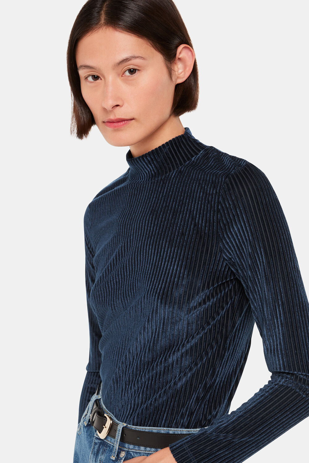 Navy Velvet Stripe High Neck Top