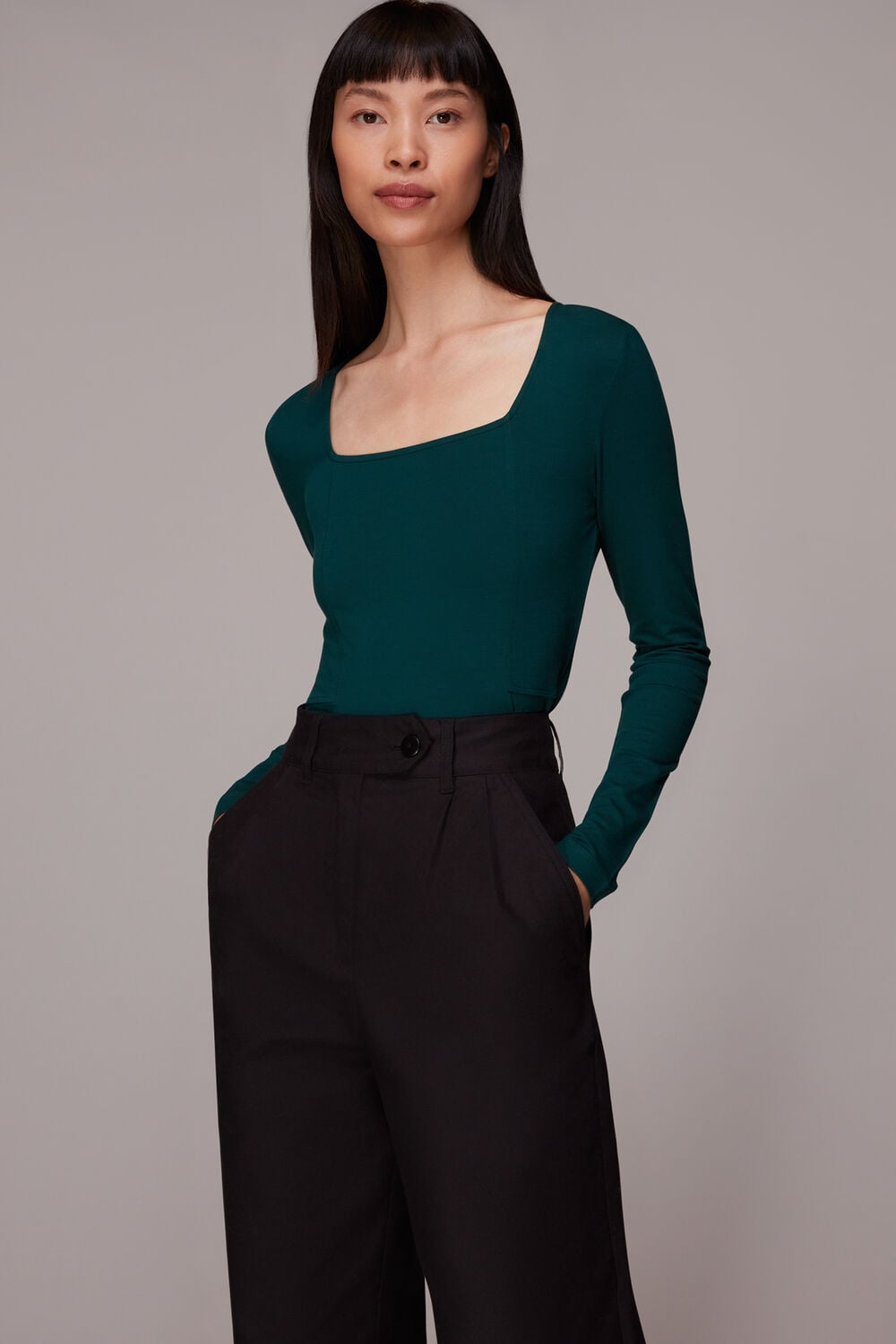 Dark Green Square Neck Long Sleeve Top
