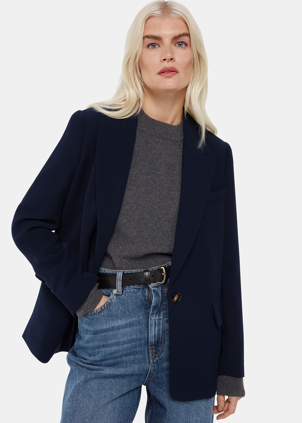 Navy Crepe Boyfriend Blazer WHISTLES Whistles UK