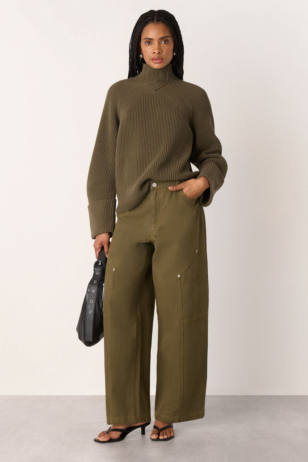 Khaki Rib Cable High Neck Jumper