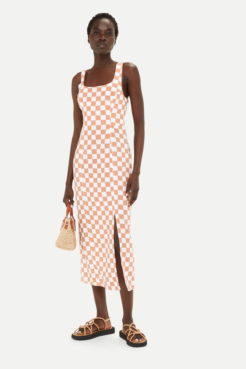 Multicolour Linen Blend Checkerboard Dress