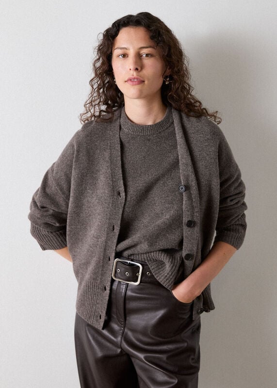 Neutral Wool V Neck Cardigan