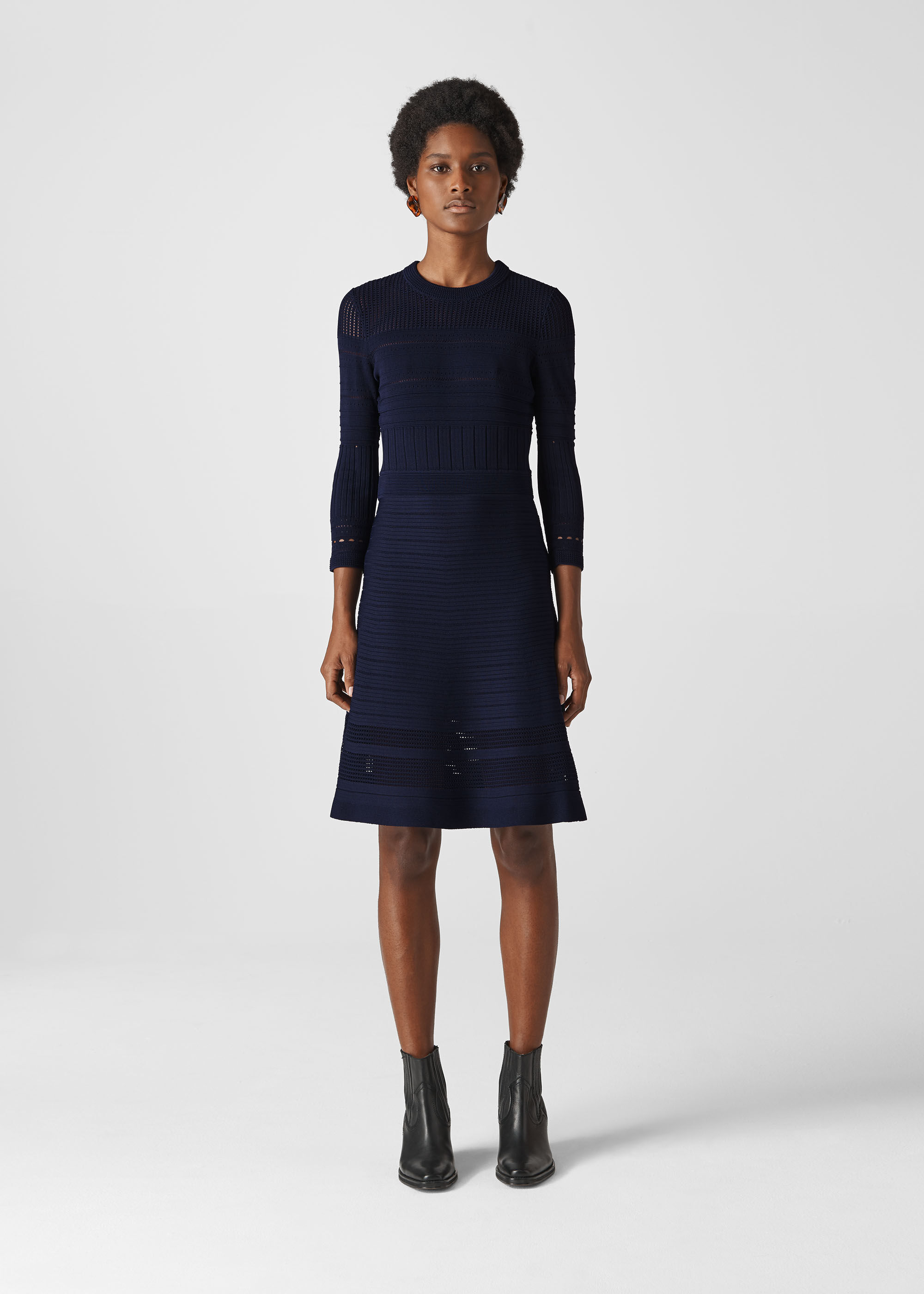Navy Pointelle Detail Knit Dress