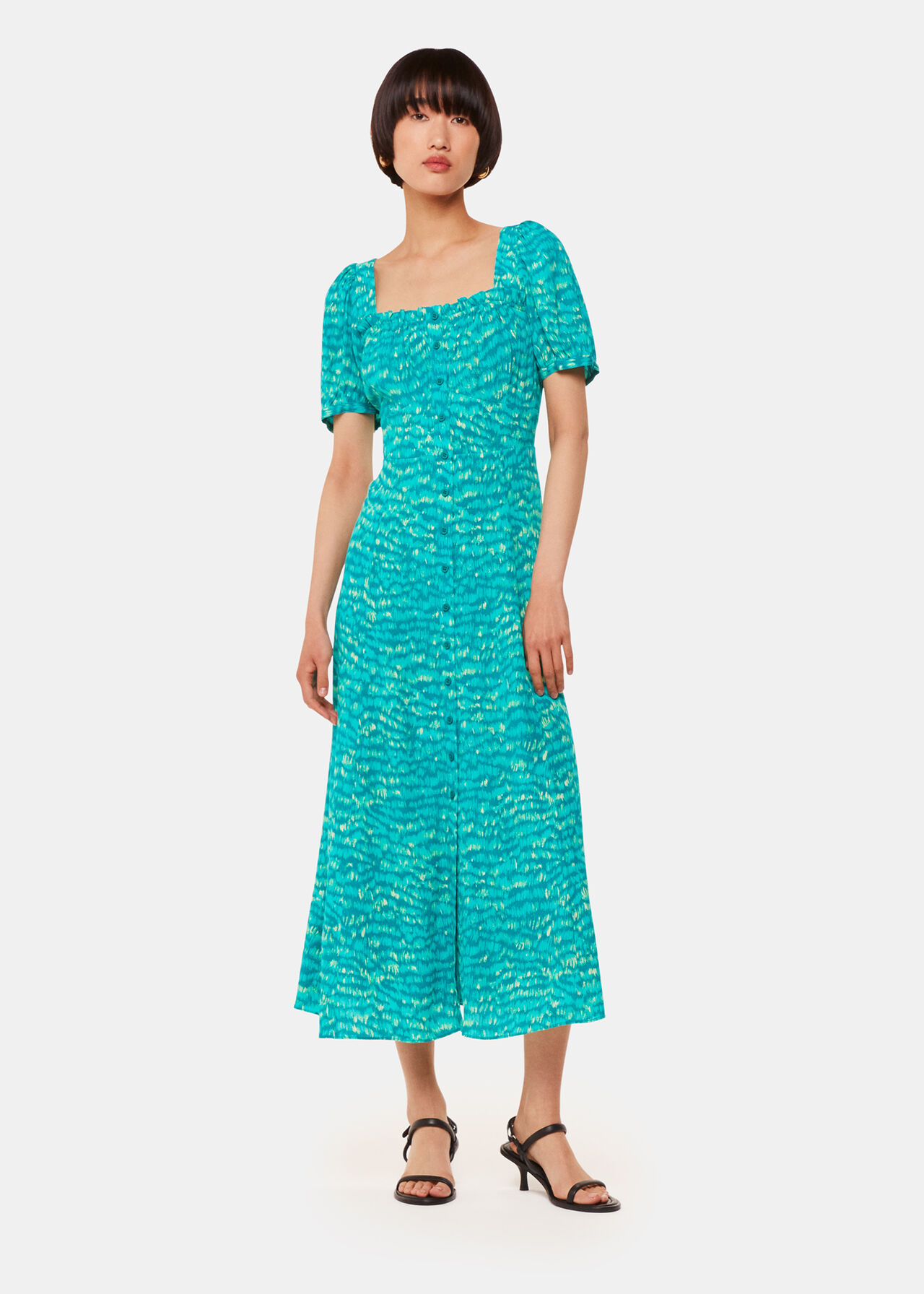Green/Multi Sketched Grass Midi Dress | WHISTLES | Whistles UK