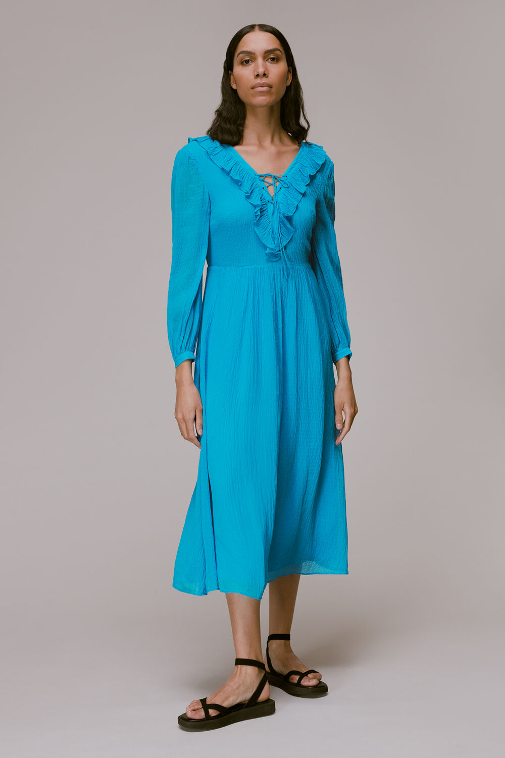Blue Ruffle Detail Midi Dress