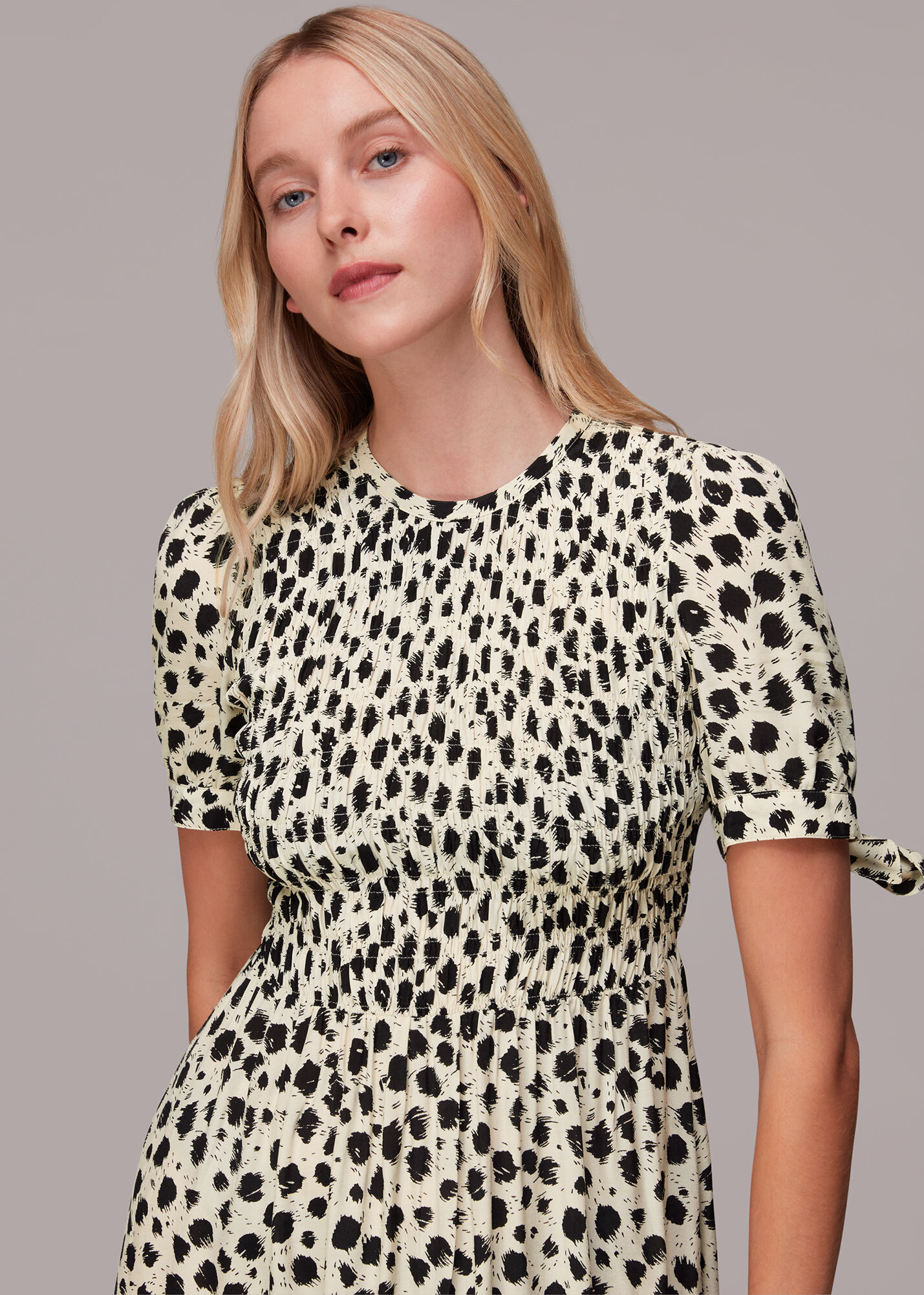 Black Dalmatian Shirred Midi Dress