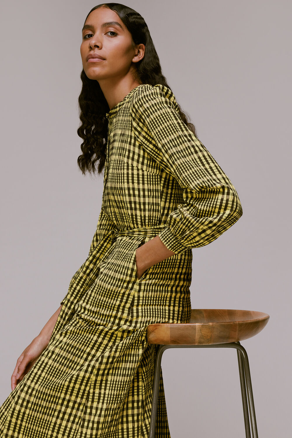Yellow Nora Gingham Check Midi Dress