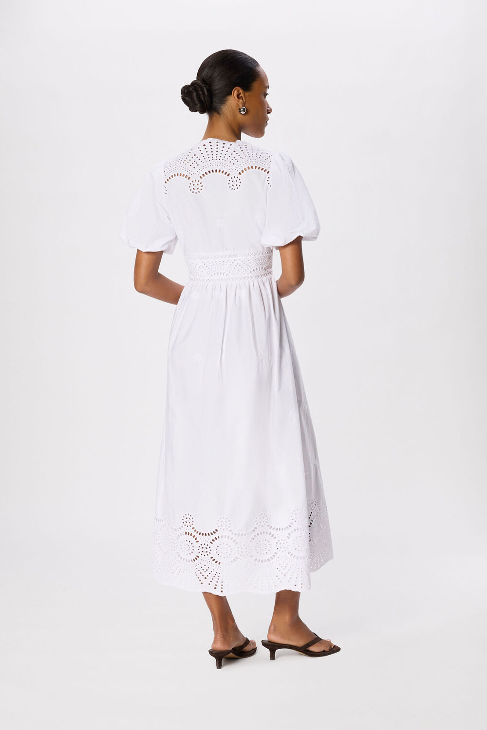 White Cotton Broderie V Neck Dress