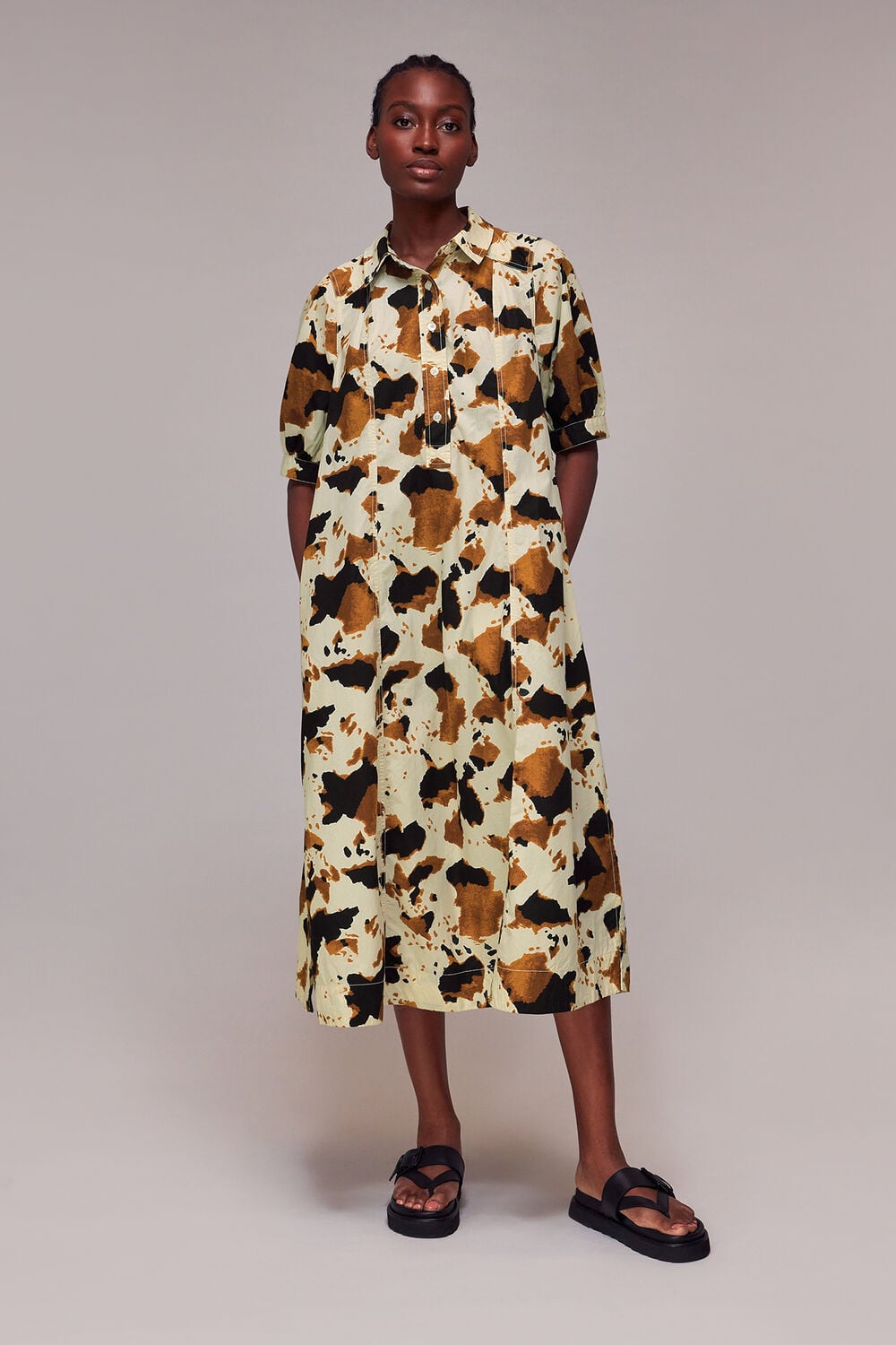 Brown Cow Print Shirt Dress