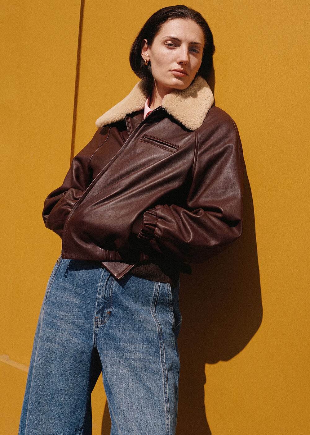 Burgundy Shearling Trim Leather Bomber