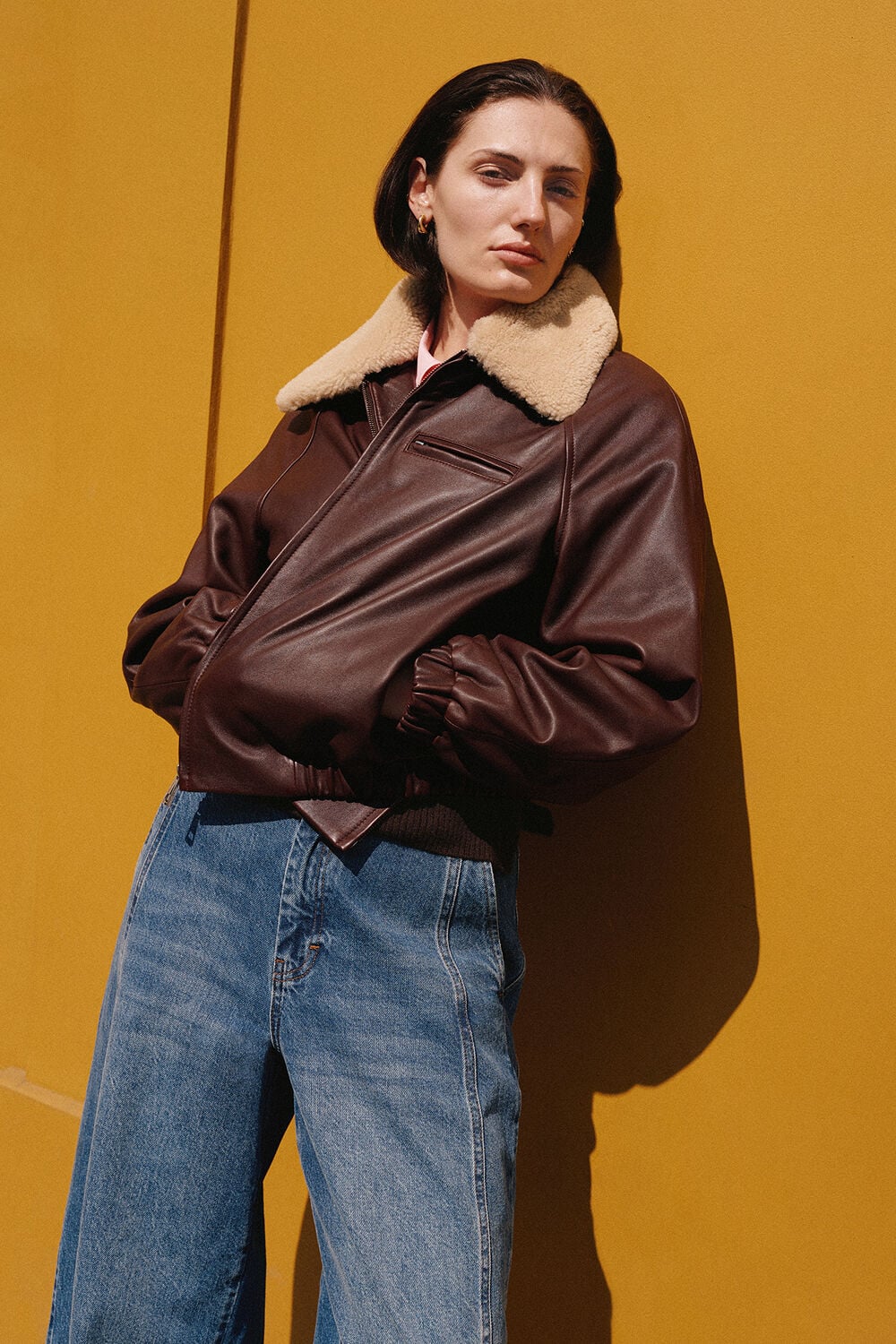 Shearling Trim Leather Bomber