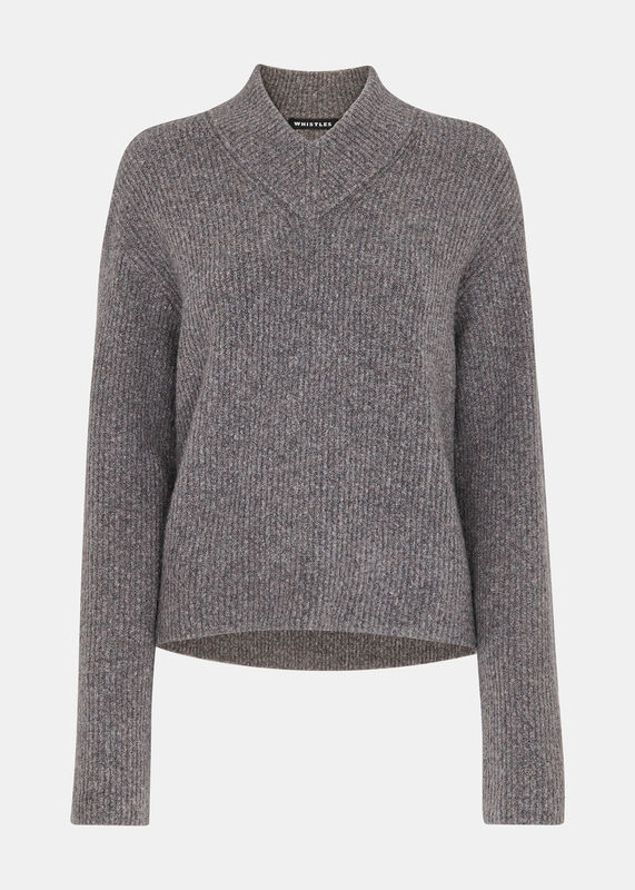 Grey V Neck Wool Mix Knit