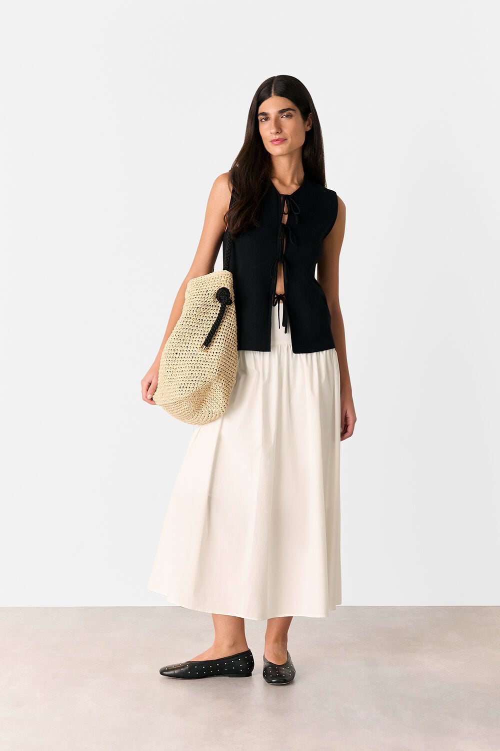 White Cotton Waisted Midi Skirt