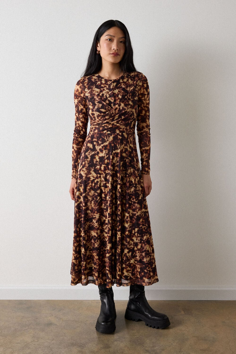 Brown Petite Abstract Animal Mesh Dress