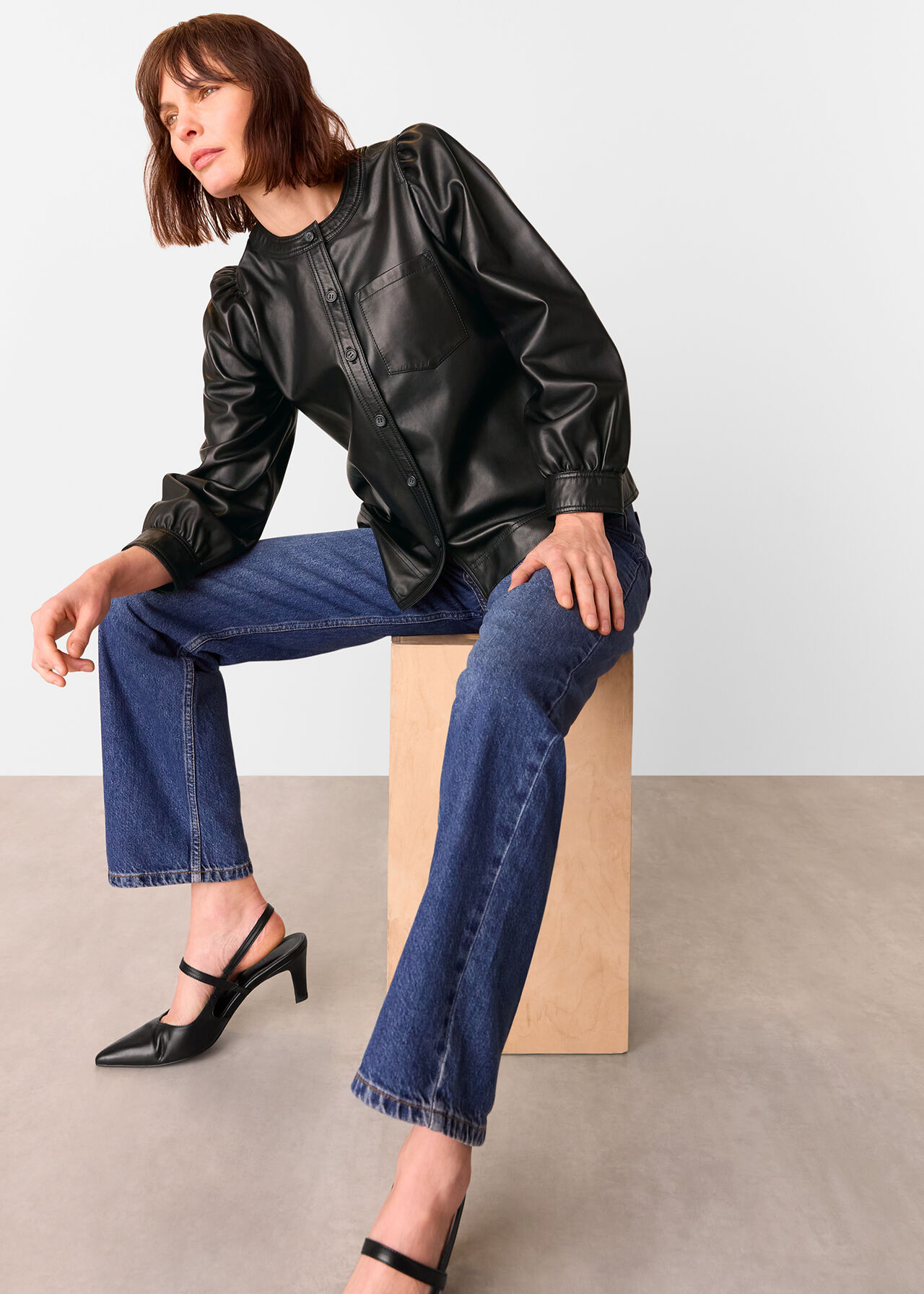 Leather Gathered Sleeve Shirt