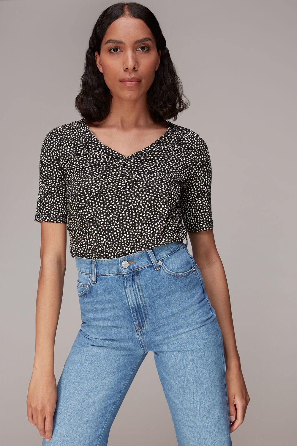 Ink Leopard V Neck Ruched Tee