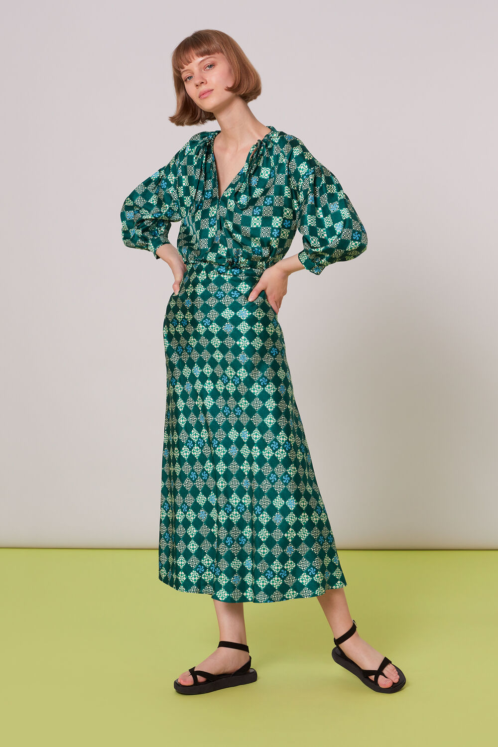 Green Silk Checkerboard Bias Skirt