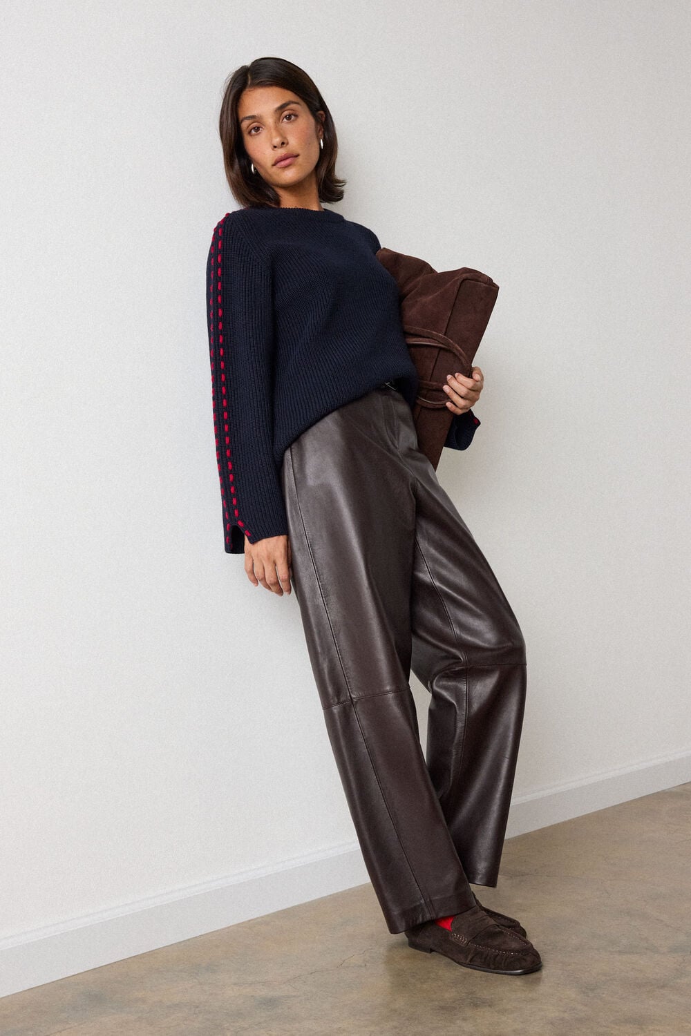 Navy Wool Mix Contrast Stitch Knit