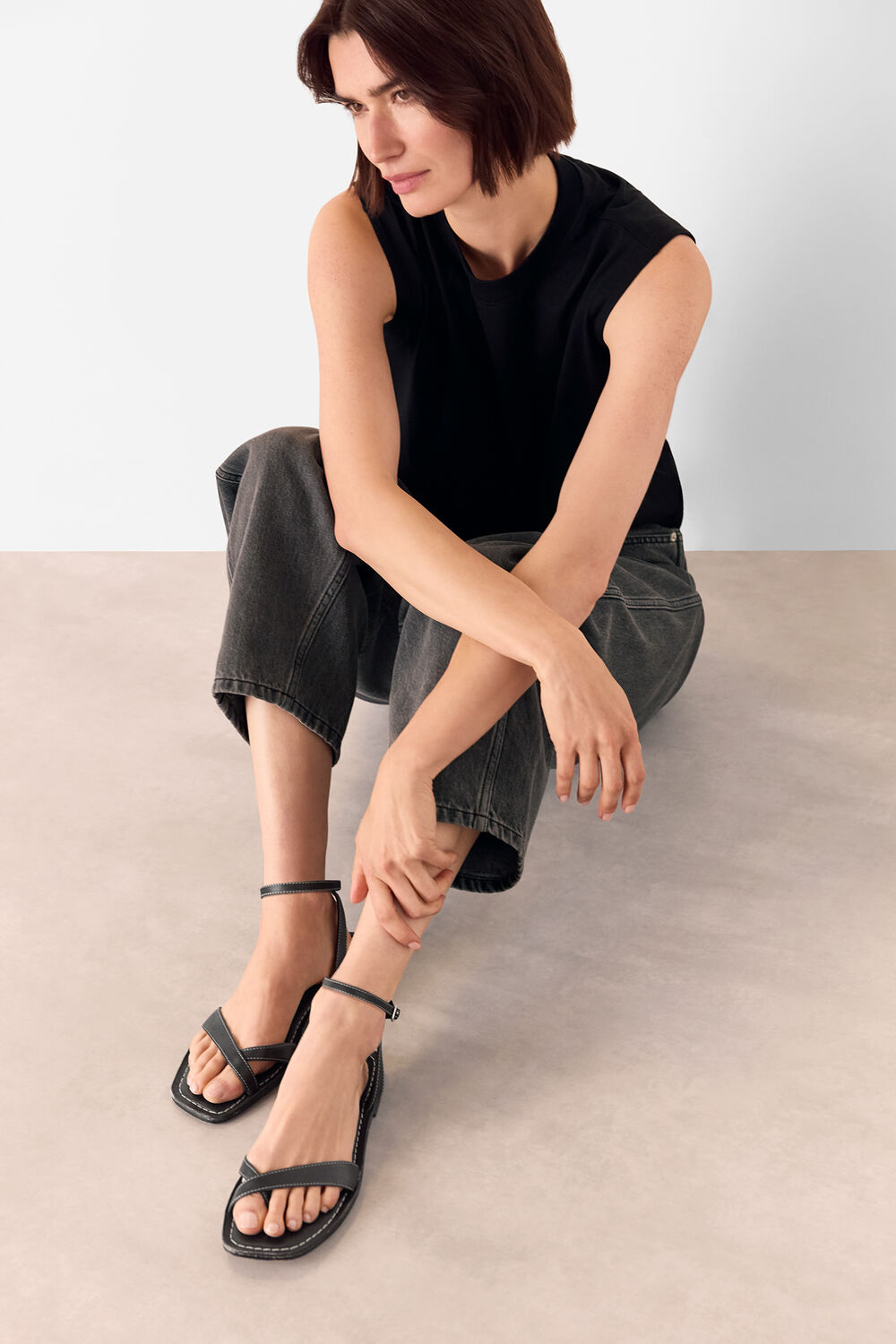 Black Toe Loop Strappy Sandal