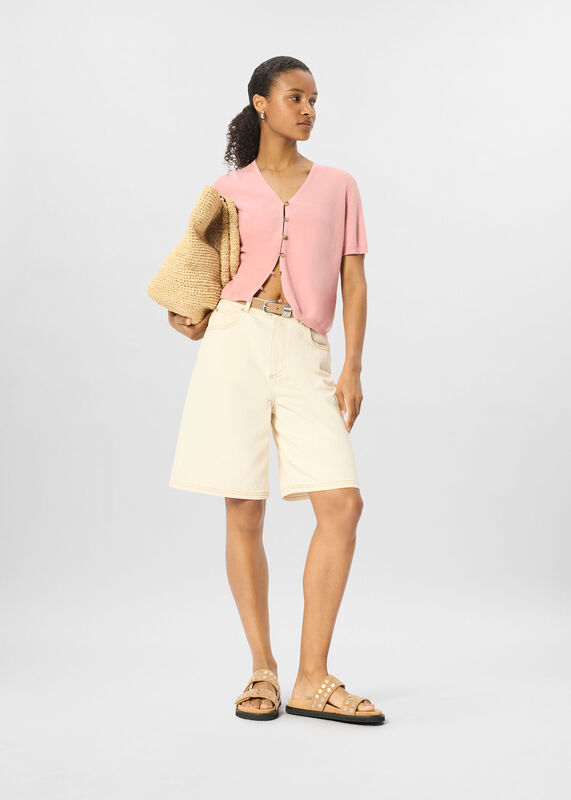 Pink Short Sleeve Button Front Knit