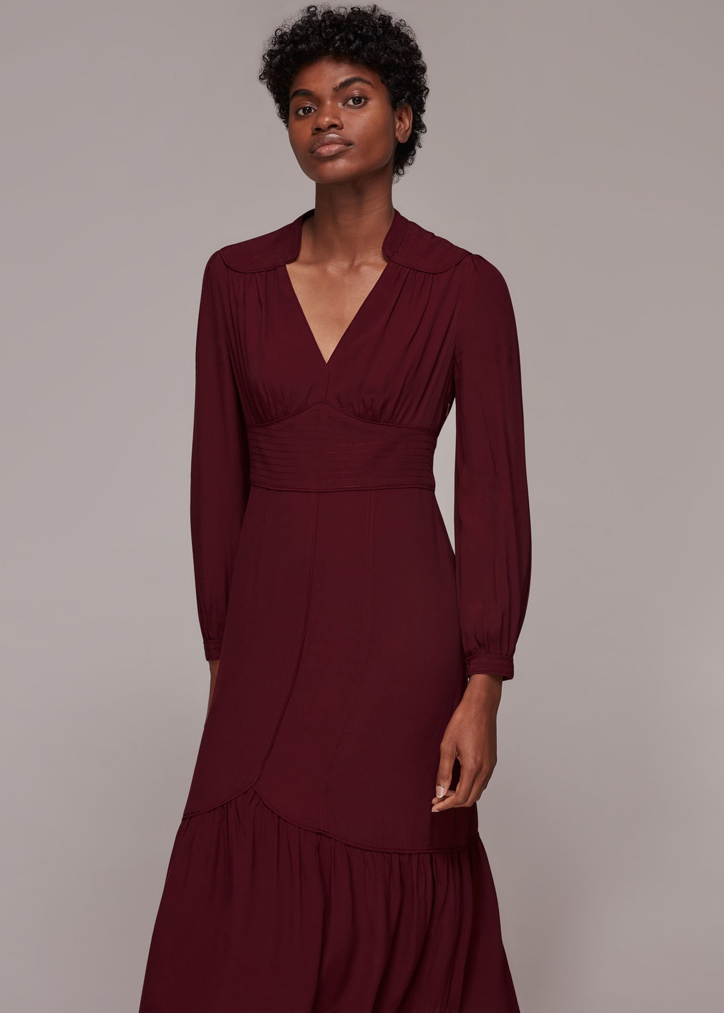 Burgundy Topstitch Detail Midi Dress WHISTLES Whistles ROW