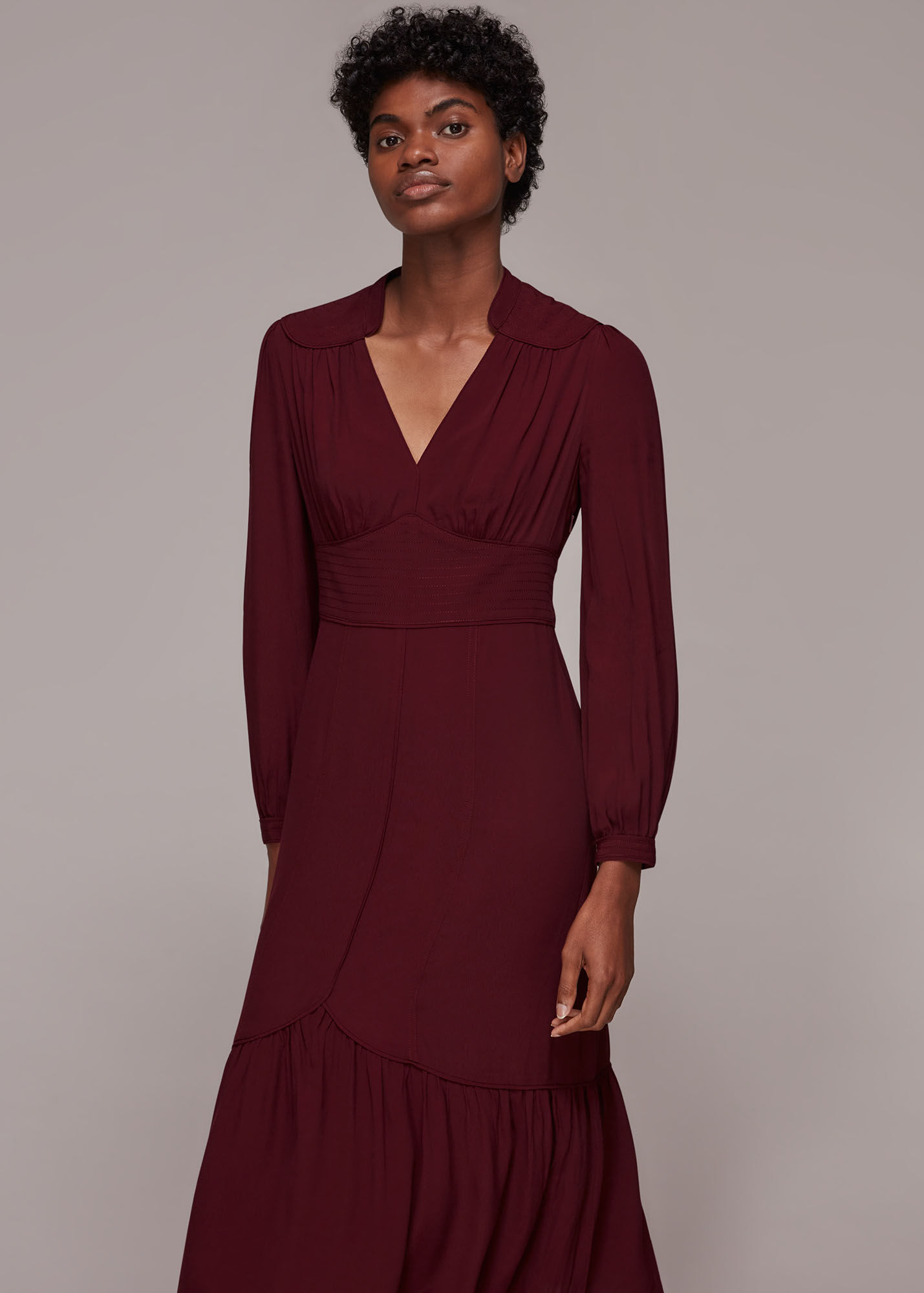 Burgundy Topstitch Detail Midi Dress | WHISTLES