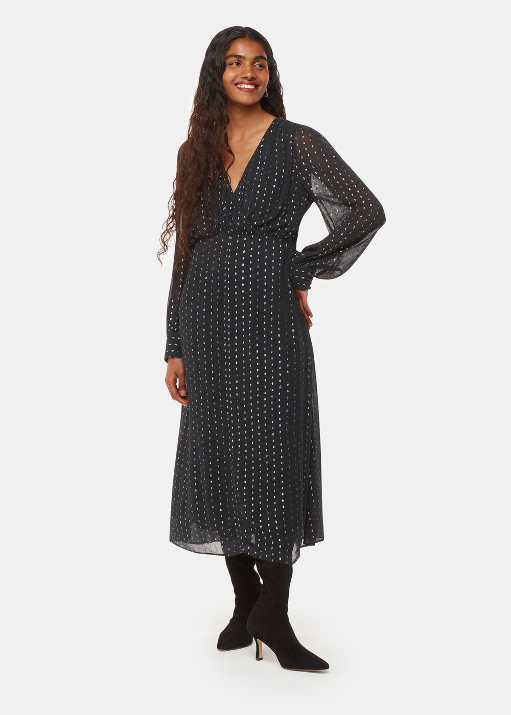 Petite Metallic Stripe Midi Dress