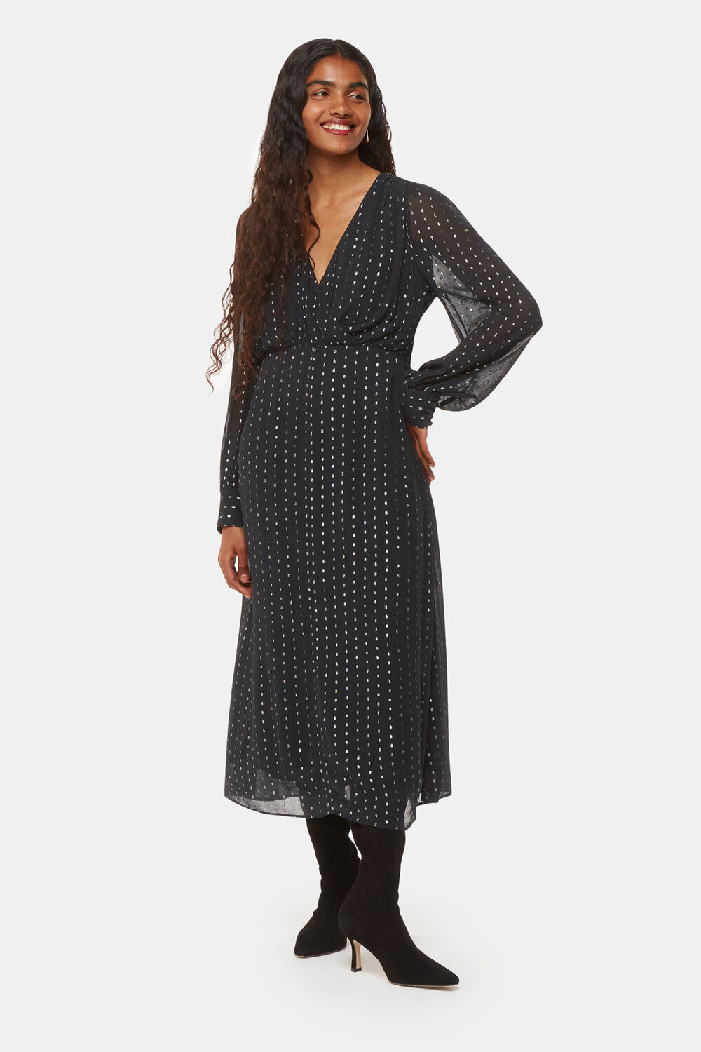 Black Petite Metallic Stripe Midi Dress