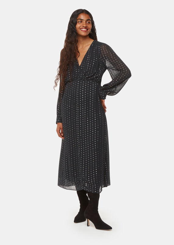 Black Petite Metallic Stripe Midi Dress