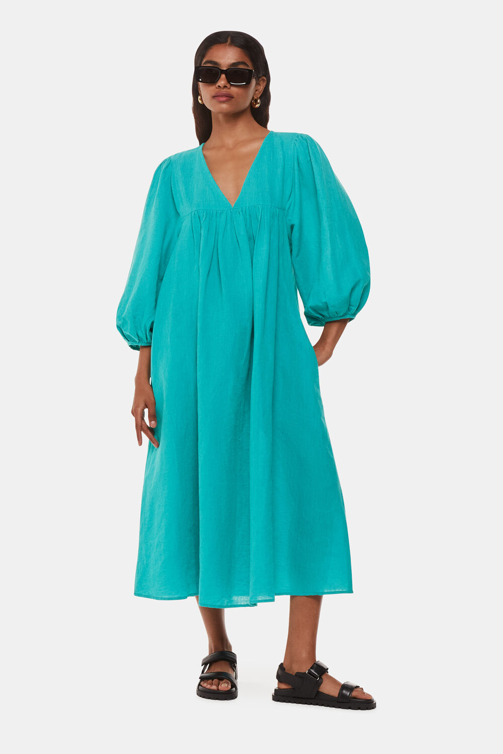 Turquoise Petite Gloria Linen Blend Dress