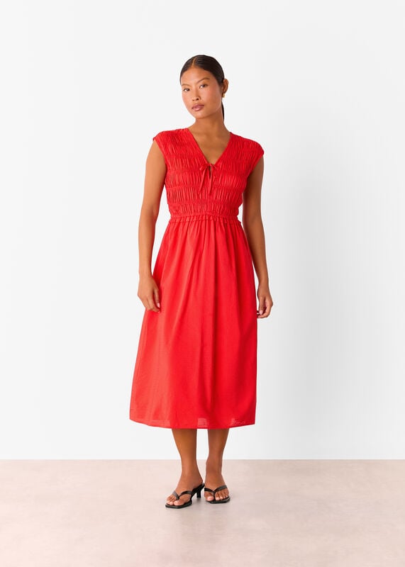 Red Petite Shirred Bodice V Neck Dress