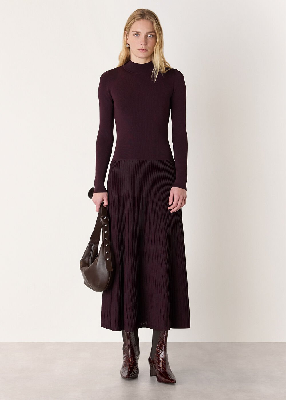 Funnel Neck Pleated Knit Dress