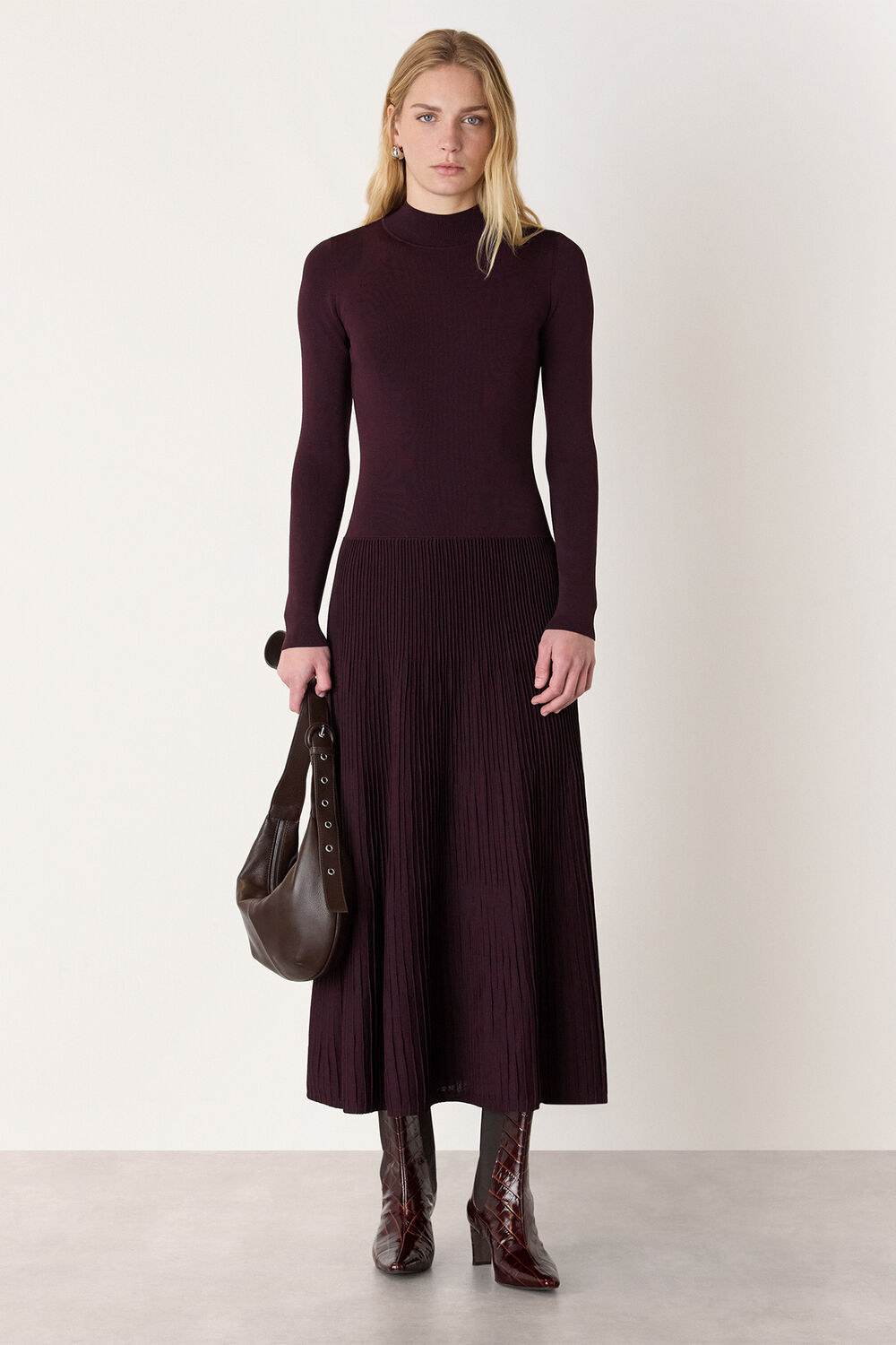 Funnel Neck Pleated Knit Dress