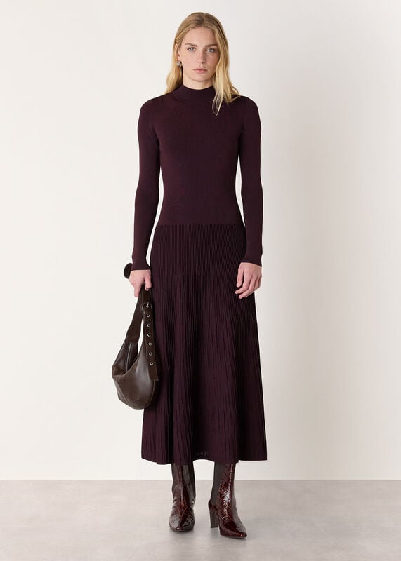 Plum Funnel Neck Pleated Knit Dress