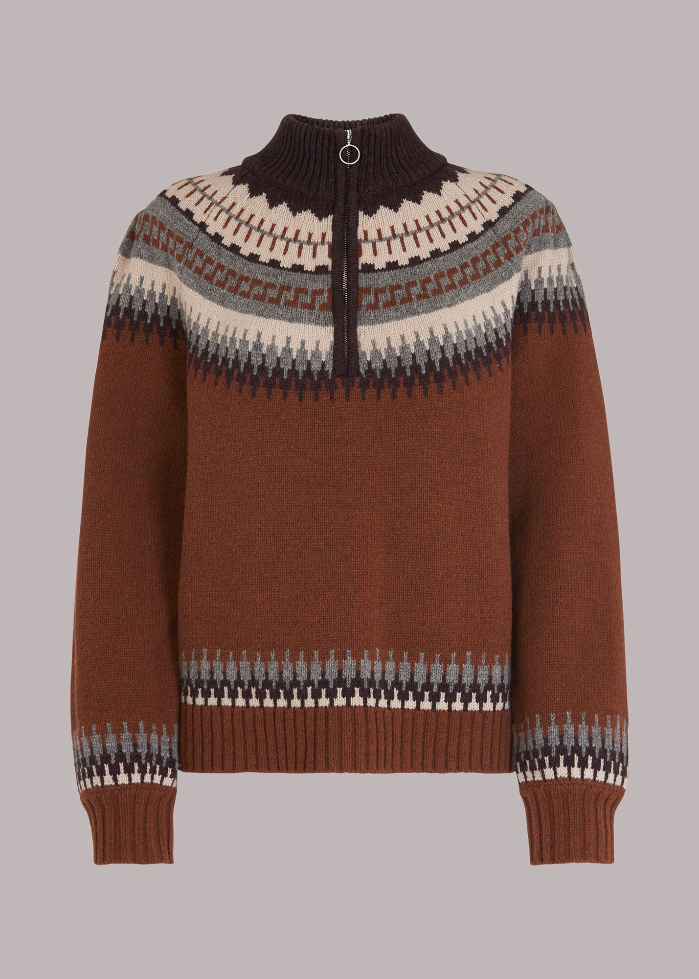 Brown Fairisle Zip Sweater WHISTLES