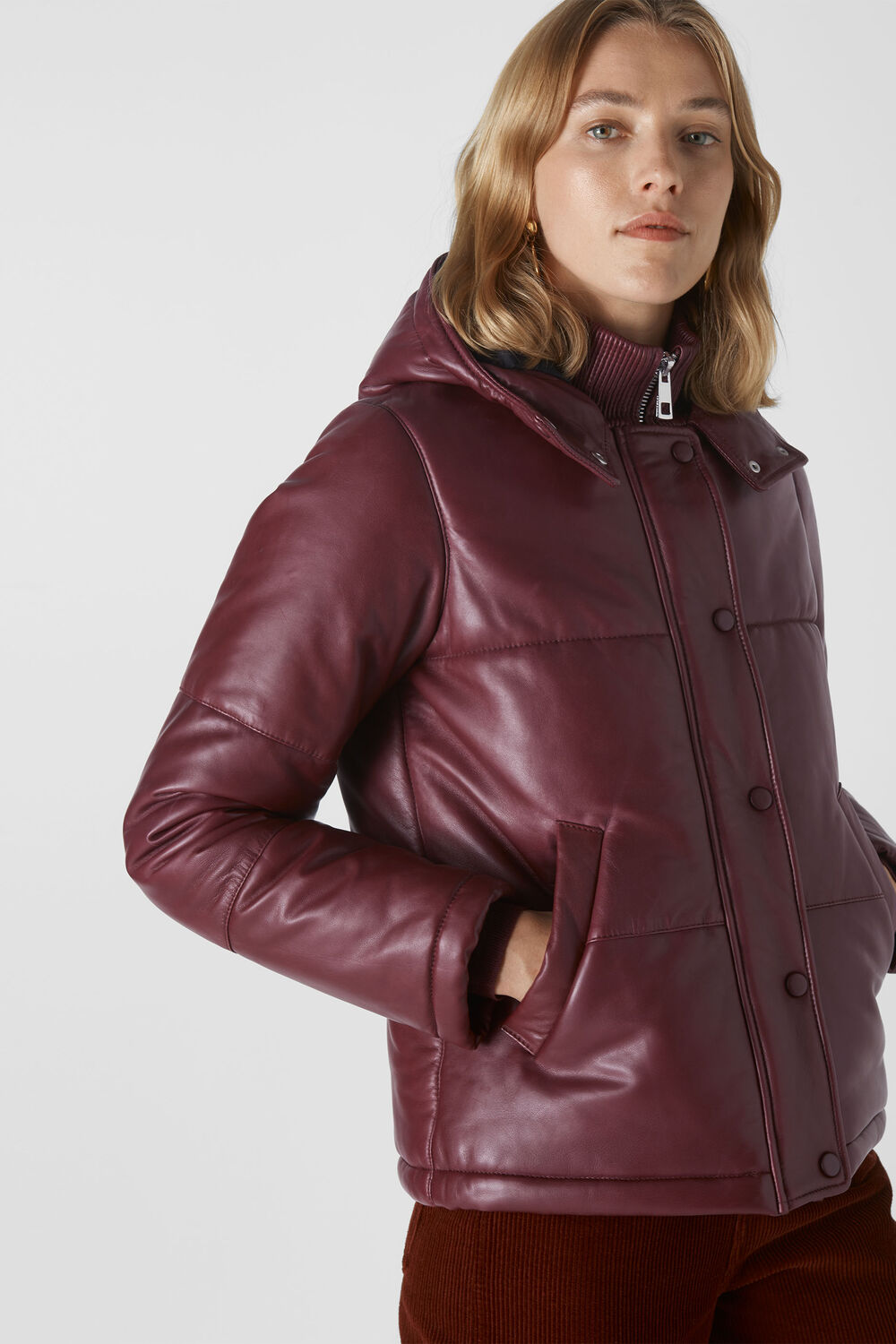 Leather Puffer Jacket Burgundy