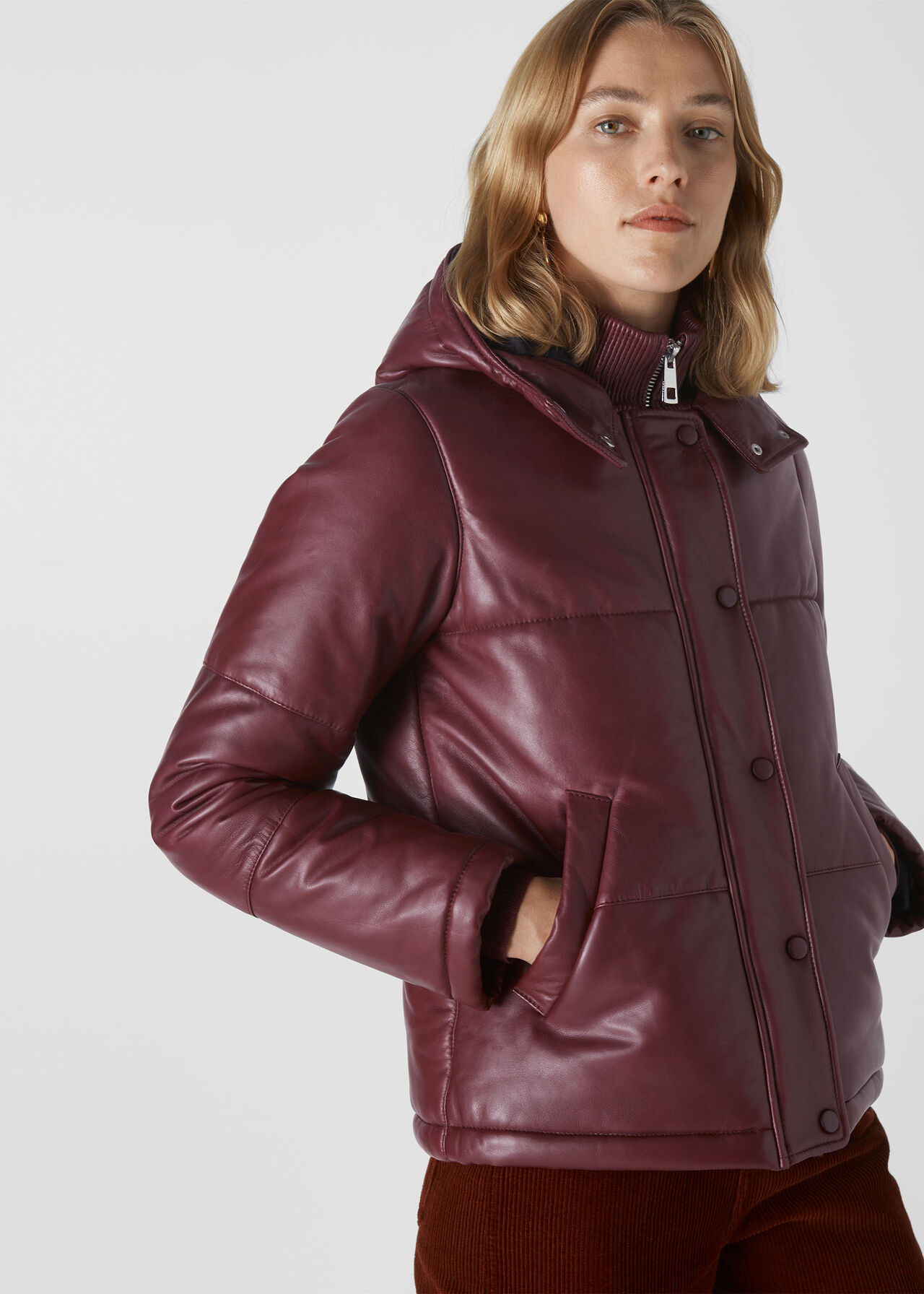 Burgundy Leather Puffer Jacket | WHISTLES | Whistles