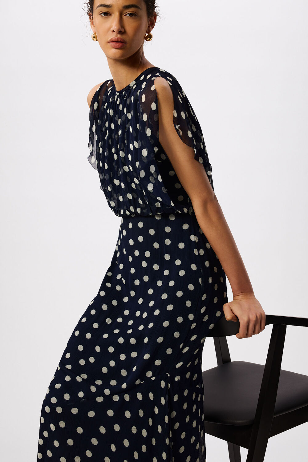 Navy Polka Dot Print Midi Dress
