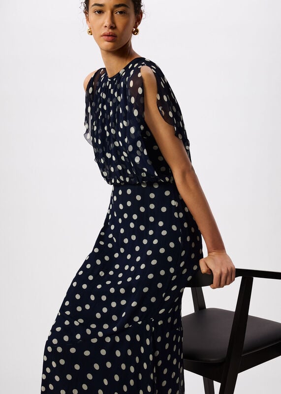 Navy Polka Dot Print Midi Dress