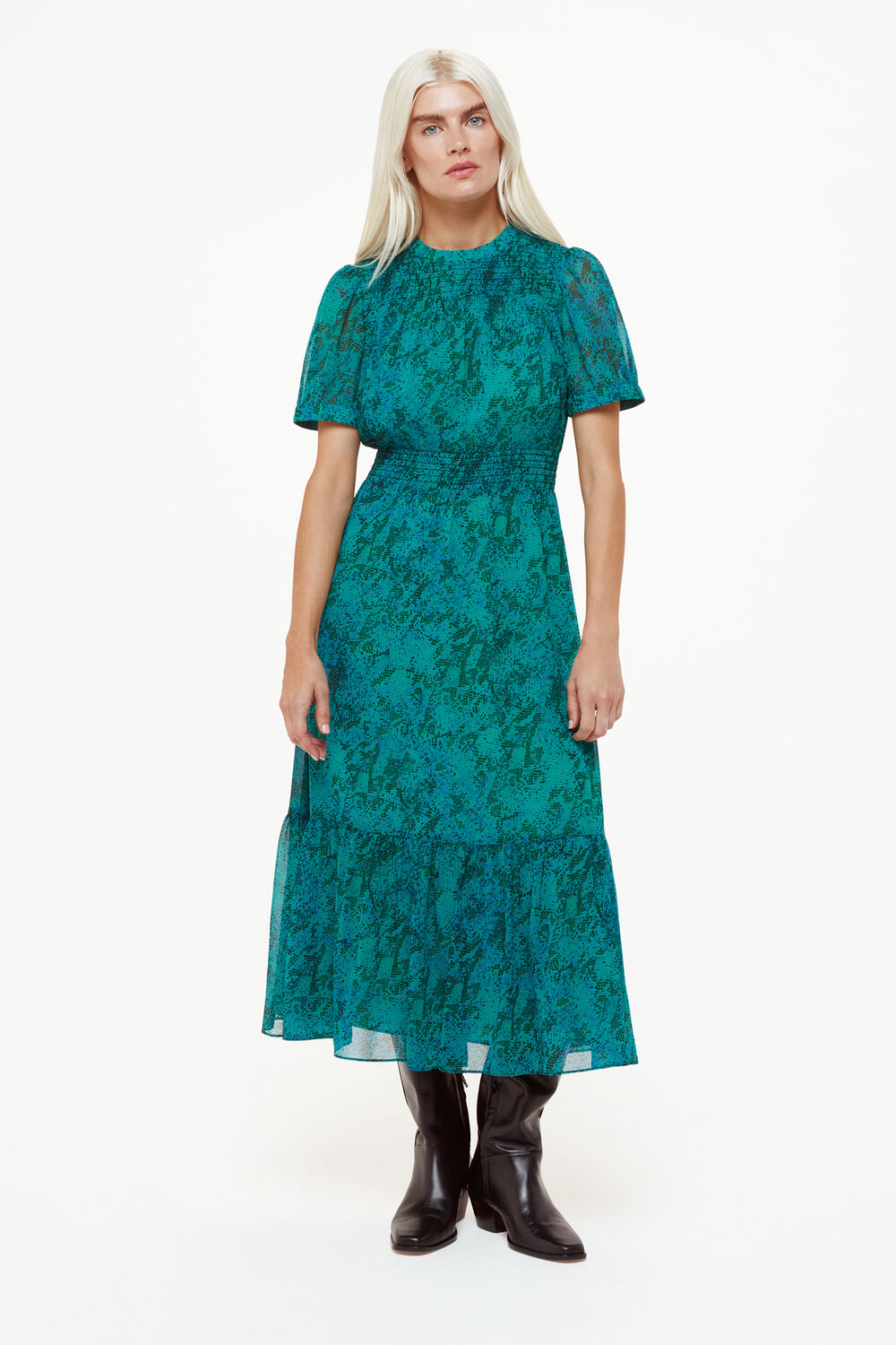 Petite Diagonal Snake Shirred Dress