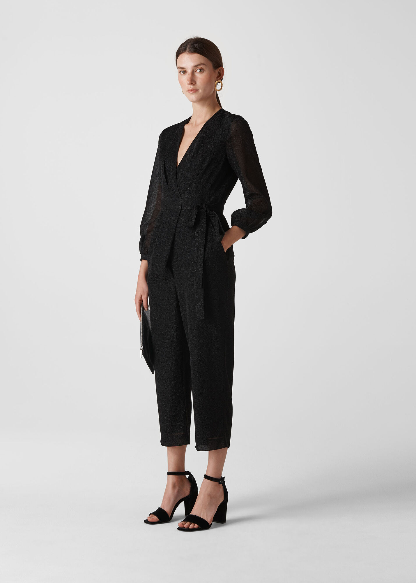 Black Metallic Wrap Tie Jumpsuit WHISTLES Whistles UK