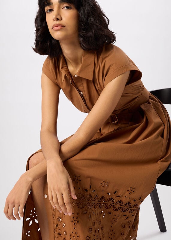 Camel Cotton Broderie Shirt Dress
