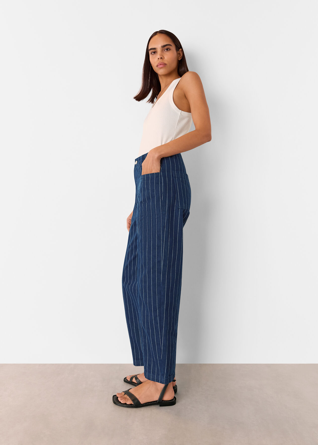 Pinstripe Barrel Leg Jean