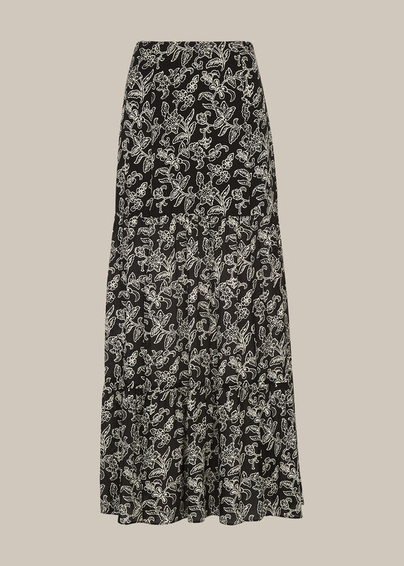 Black Jasmine Print Silk Skirt