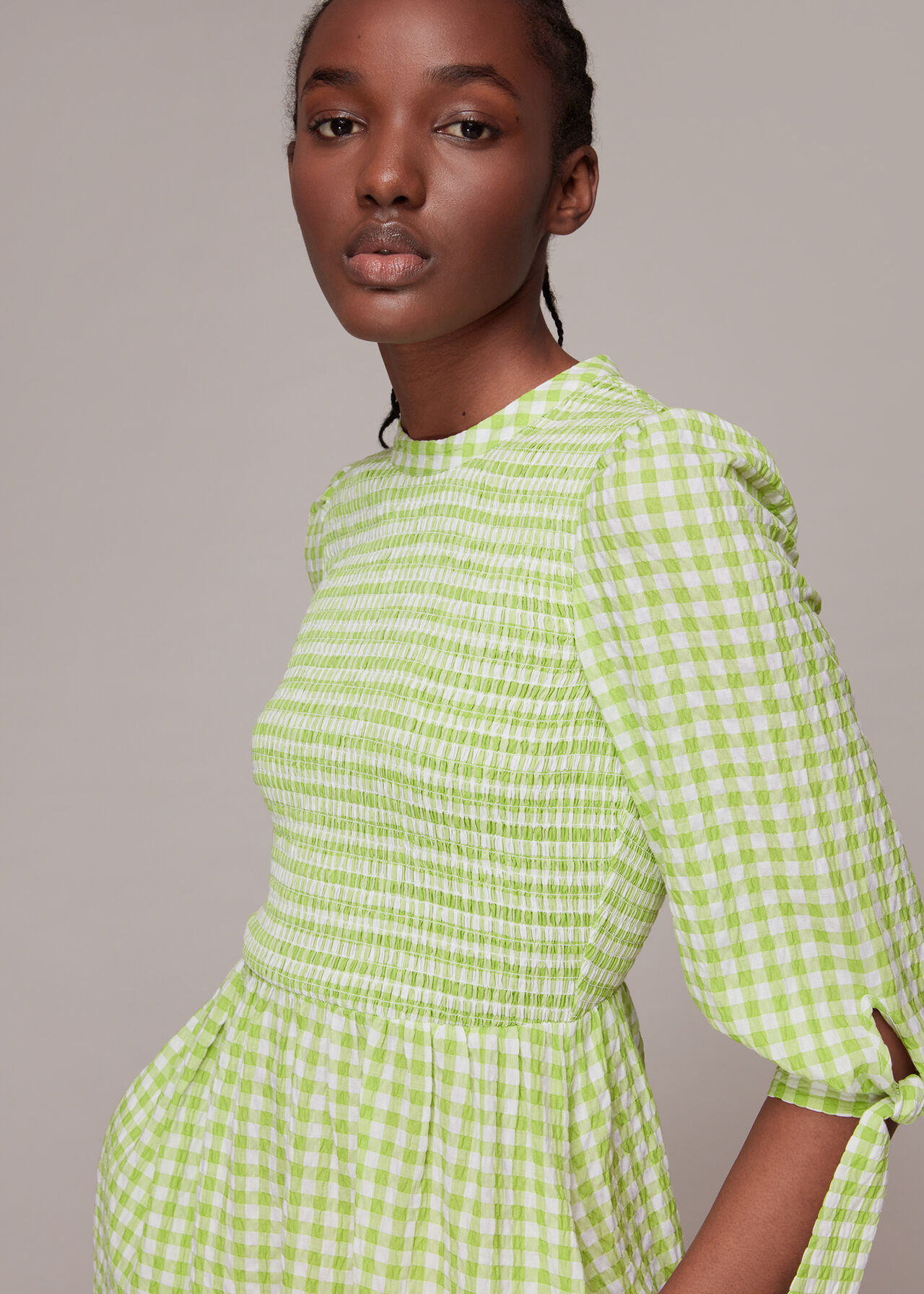 Gingham Check Shirred Dress