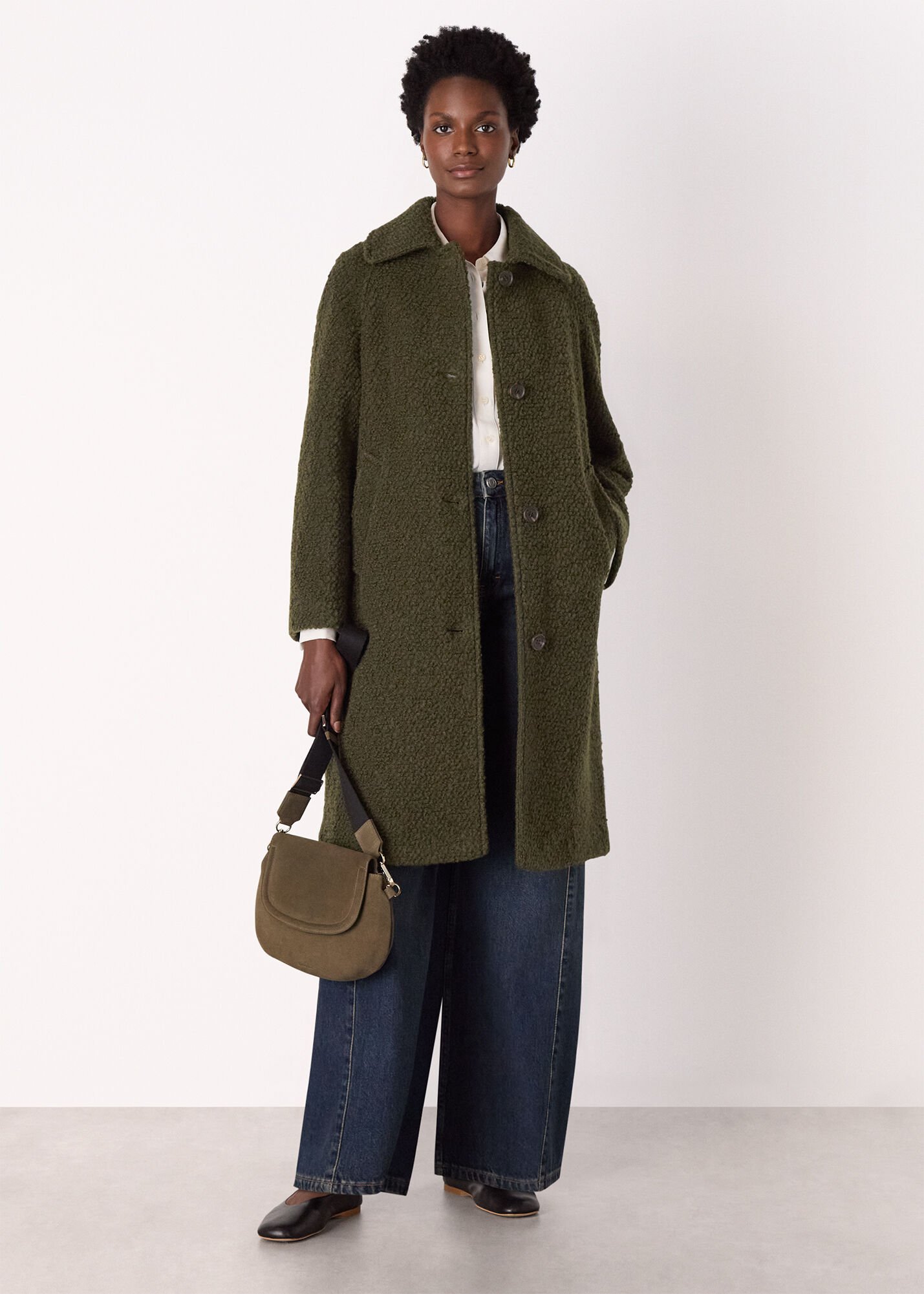 Khaki Romy Boucle Coat | WHISTLES | Whistles US |
