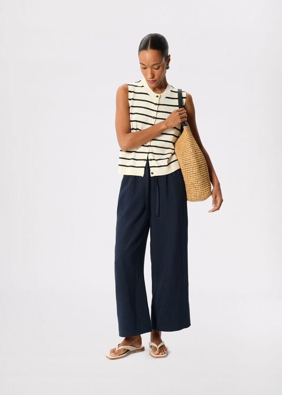 Navy Wide Crop Cheesecloth Trouser