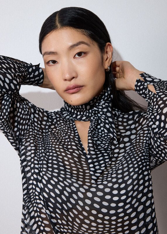 Black Mixed Spot Scarf Sheer Blouse