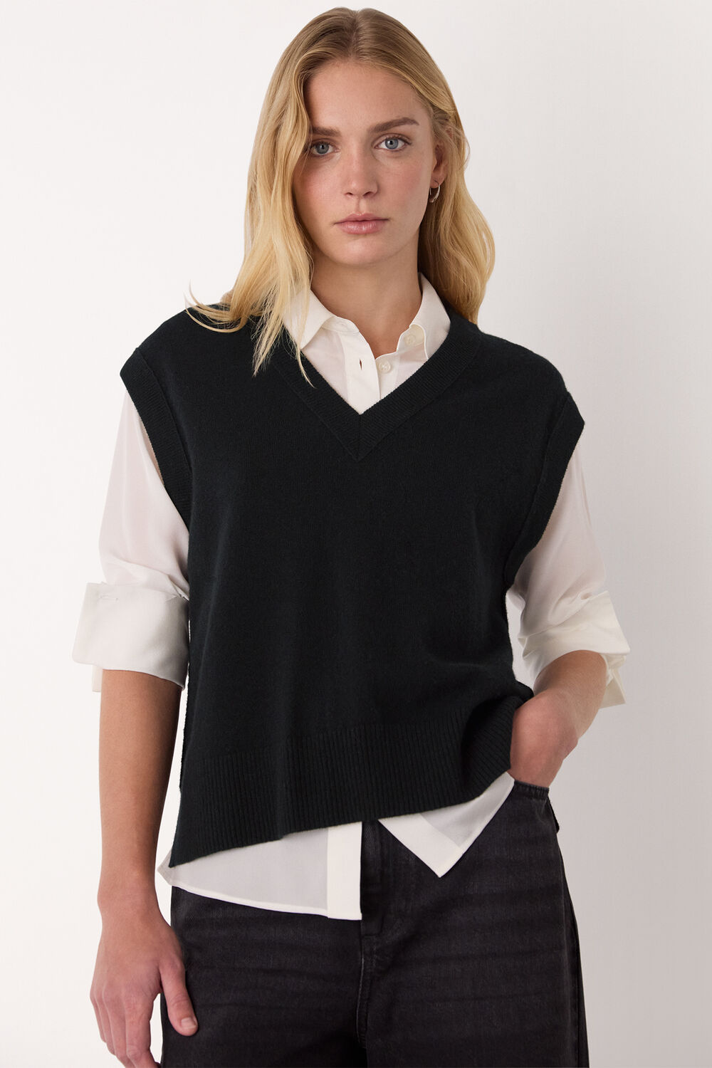 Black Wool V Neck Tank